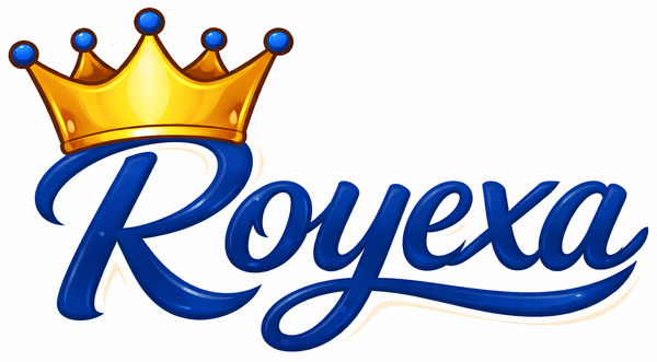 Logo of Royexa with a gold crown on a white background
